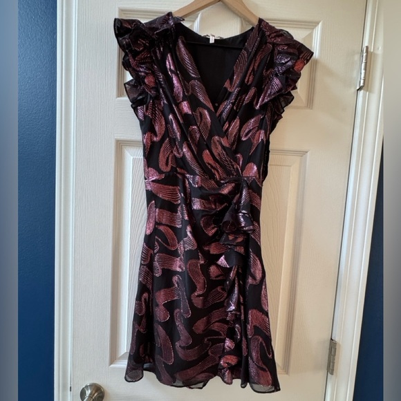 Rebecca TAYLOR SILK FAUX WRAP SLEEVELESS METALLIC LUREX JACQUARD MINI nwot - Picture 4 of 8